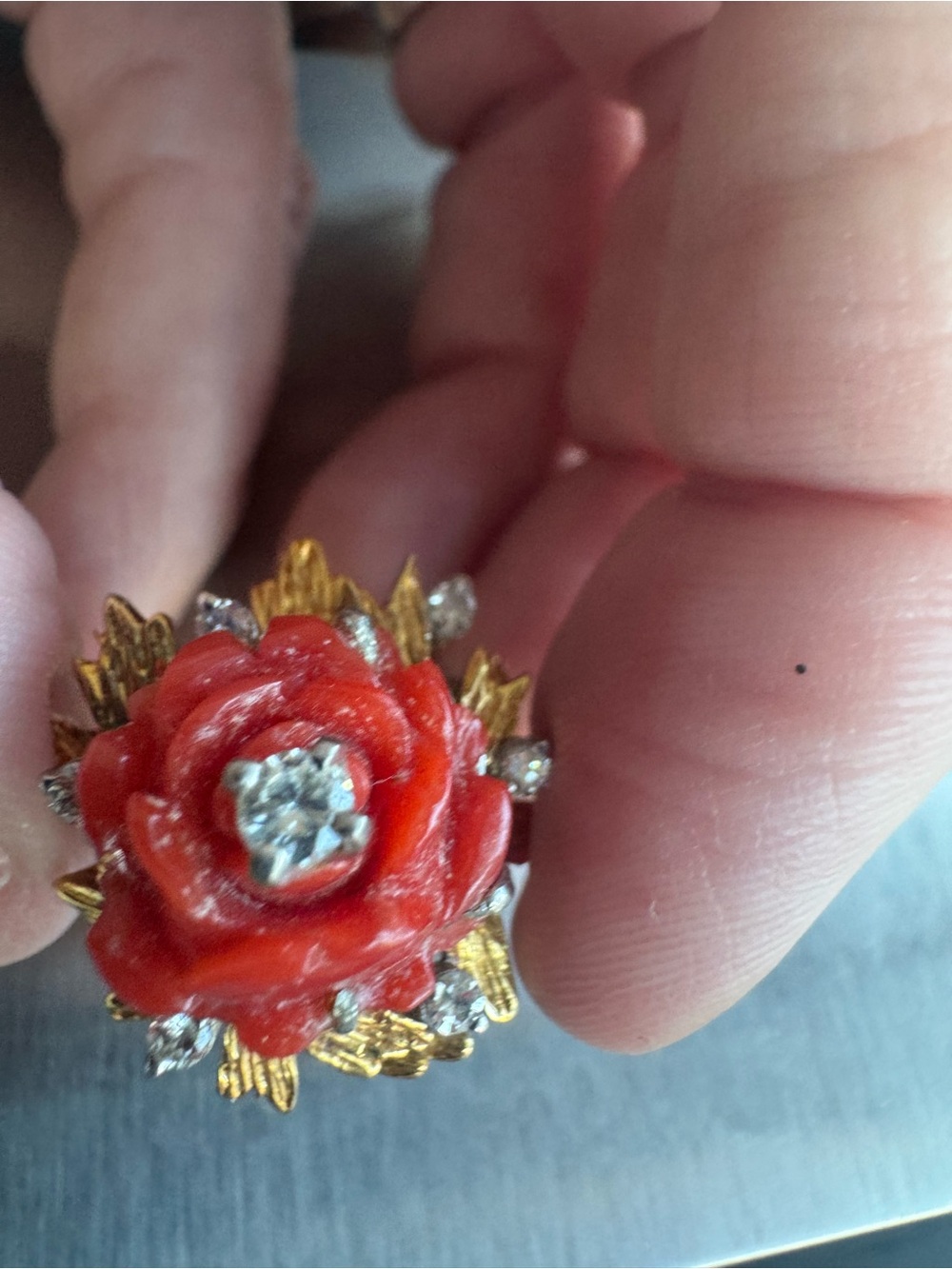 18K Yellow Gold Carved Coral & Diamond Flower Ring